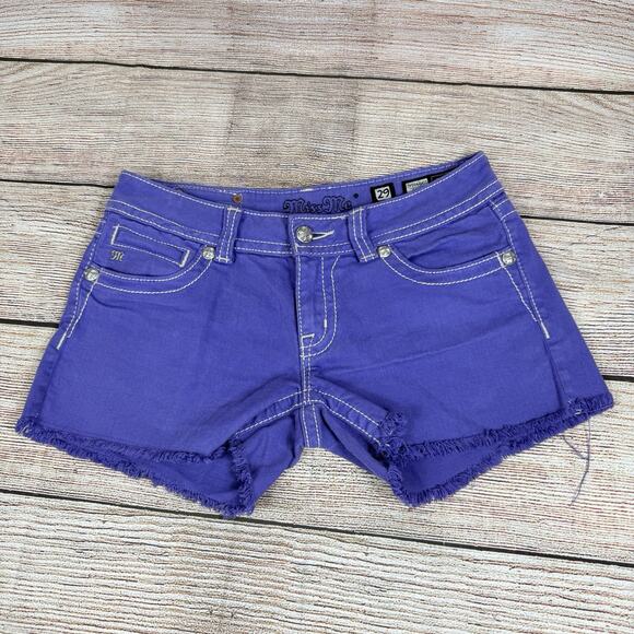 Y2K Miss Me Purple Western Cross Bling Shorts Size 29 Low Rise 5 Pocket Denim - Picture 2 of 14